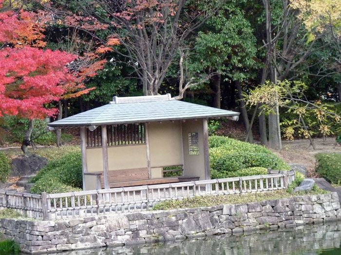 建物と秋の植物・紅葉の風景の拡大写真