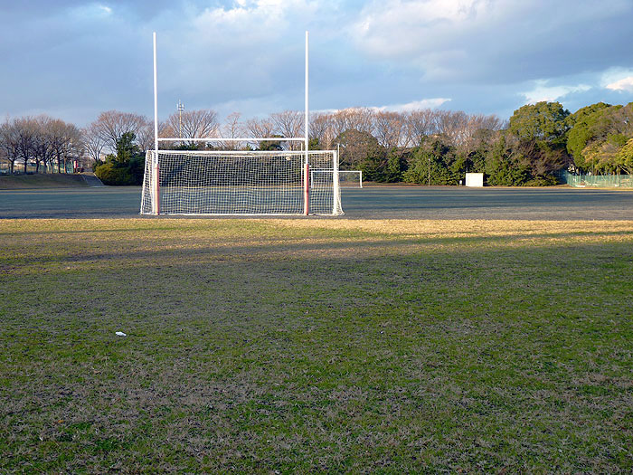 芝生とラグビーポールとサッカーのゴールネットの写真素材フリー 高画質