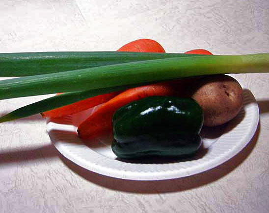野菜（ニンジンとジャガイモとピーマンと長ネギ）の拡大写真